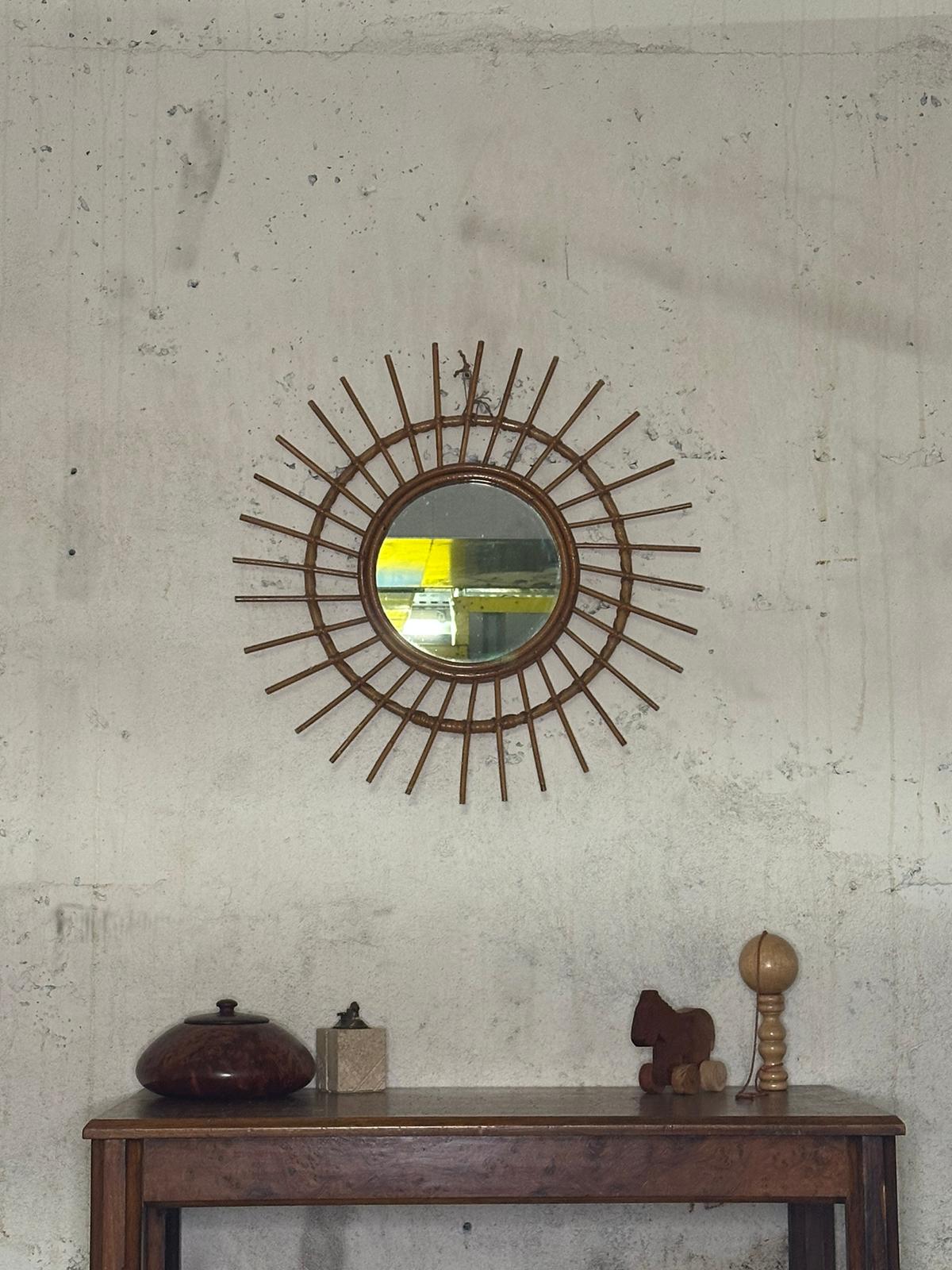Miroir soleil en rotin vintage