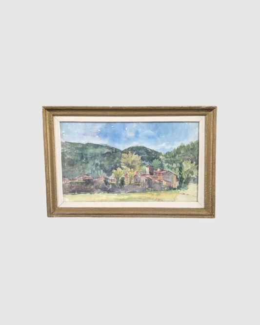Aquarelle vintage – Village au pied des collines