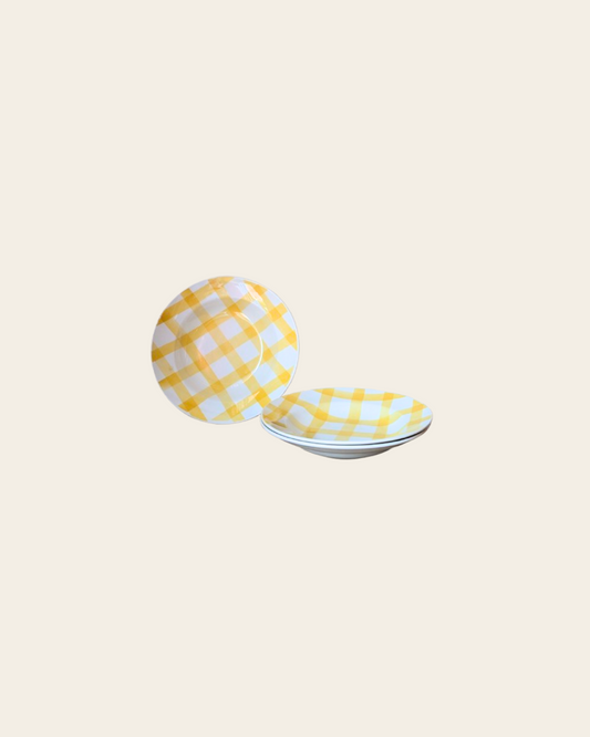 Ensemble de 3 assiettes vintage motif vichy jaune