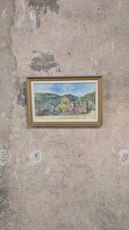 Aquarelle vintage – Village au pied des collines