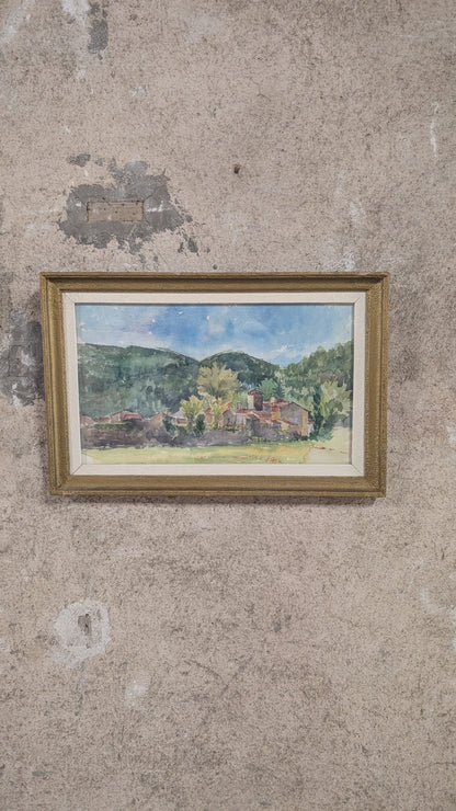 Aquarelle vintage – Village au pied des collines