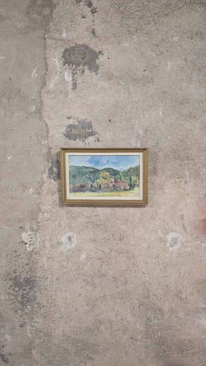 Aquarelle vintage – Village au pied des collines