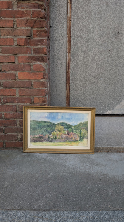 Aquarelle vintage – Village au pied des collines