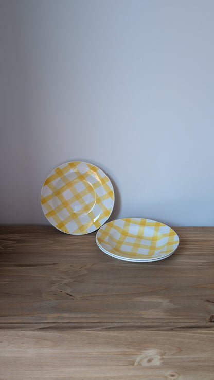Ensemble de 3 assiettes vintage motif vichy jaune