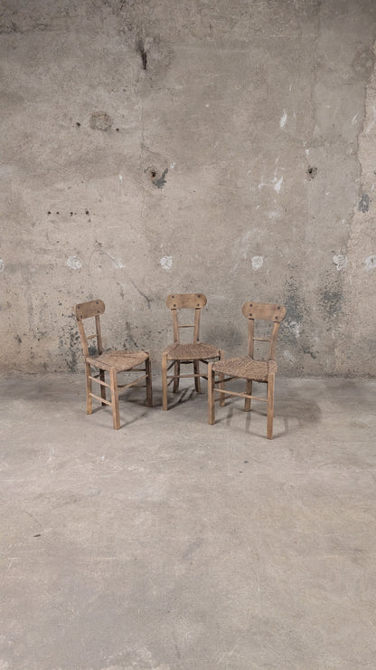 Lot de 3 chaises rustiques en bois et paille tressée