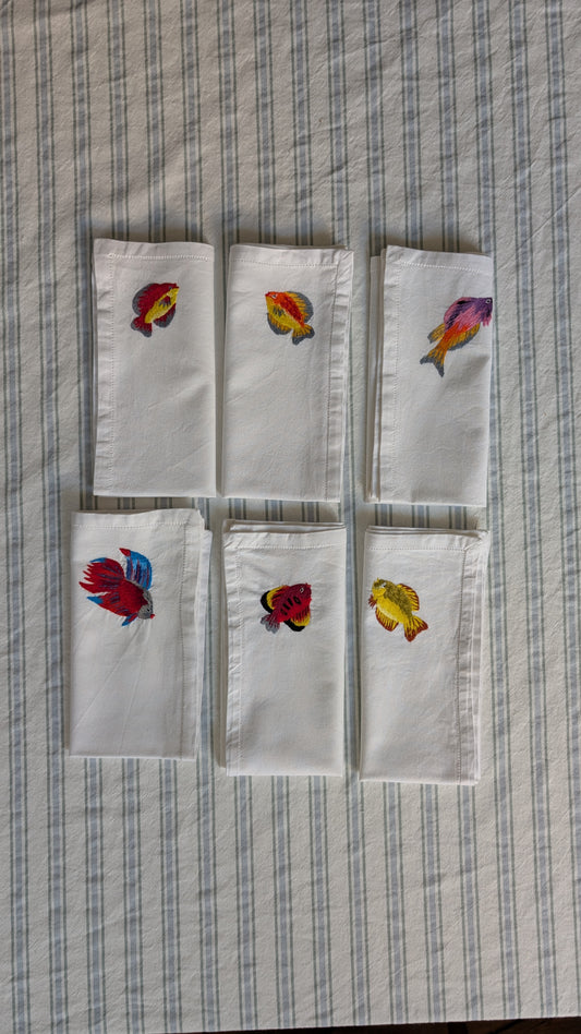 Ensemble de 6 serviettes brodées poissons