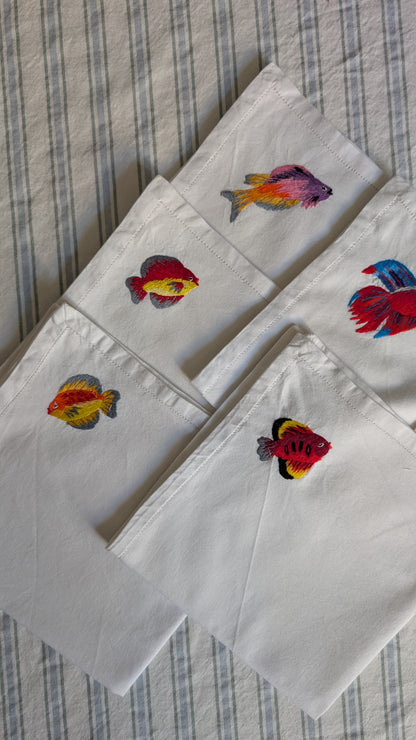 Ensemble de 6 serviettes brodées poissons