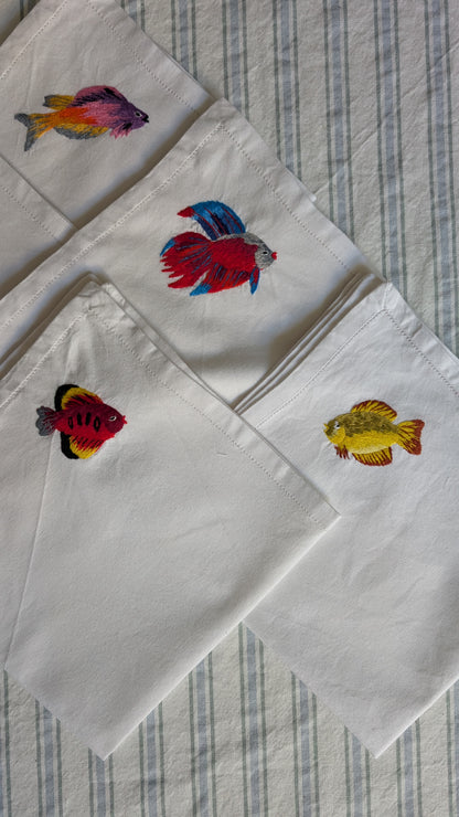 Ensemble de 6 serviettes brodées poissons