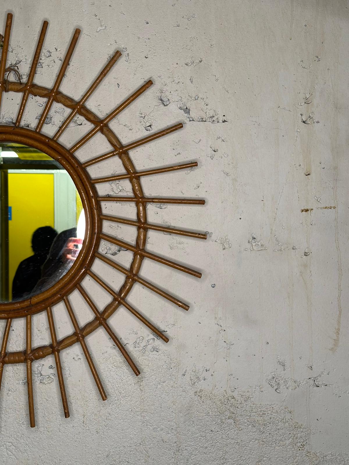 Miroir soleil en rotin vintage